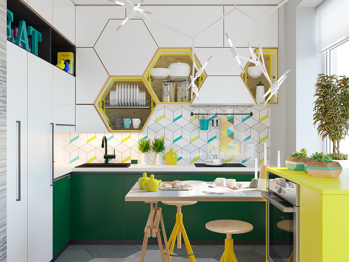 kueche hexagon hangeschraenke gruene unterschraenke geometrische rueckwand gelbe akzente