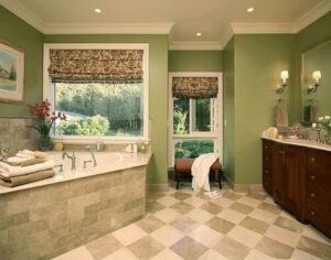 Ratgeber: Badezimmer 4 Qm Einrichten Badezimmer Olivgruene Wandfarbe Eckbadewanne Schachbrett Bodenfliesen Holzunterschrank Badsanierung In Der Nähe: So Finden Sie Den Passenden Fachbetrieb