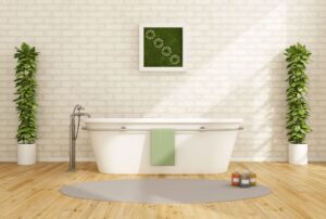 Moderne Küchen: Badezimmer 4 Qm Einrichten Badezimmer Weisse Ziegelwand Freistehende Badewanne Standarmatur Zimmerpflanzen Parkett Küchenarbeitsplatte Vergleich