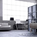Moderne Küchen : Badezimmer 4 Qm Einrichten Wohnbereich Industrieloft Grosse Fensterfront Graues Sofa Regalwand Schreibtisch Kleine Küche Modern Einrichten