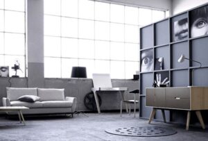 Badezimmer Style: Badezimmer 4 Qm Einrichten Wohnbereich Industrieloft Grosse Fensterfront Graues Sofa Regalwand Schreibtisch Badezimmer Dekorieren