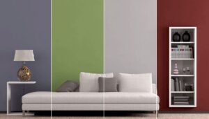 Wohnzimmer Ideen: Badezimmer 4 Qm Einrichten Wohnzimmer Vierfarbige Wandstreifen Farbmuster Graues Sofa Regal Ideen Zum Wohnzimmer Streichen