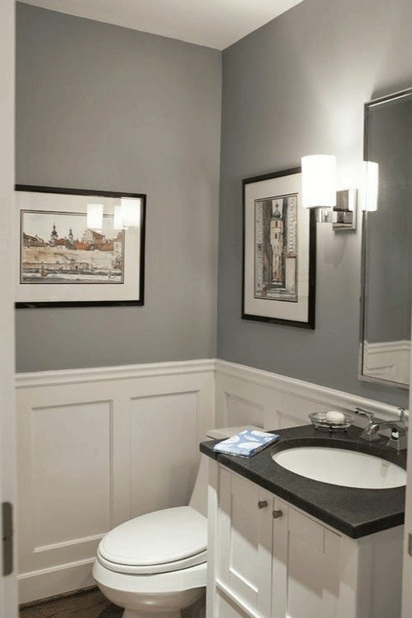 Badezimmer Style : Badezimmer Beleuchtung Planen Gaestebad Graue Wandffarbe Weisse Wandpaneele Schwarze Waschtischplatte Wandleuchten Badezimmer Beleuchtung Planen