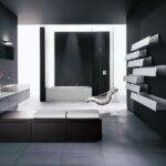 Badezimmer Style : Badezimmer Dekorieren Badezimmer Schwarze Wandfarbe Freistehende Badewanne Wandregale Dunkle Bodenfliesen Badezimmer Dekorieren
