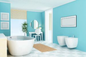 Badezimmer Style : Badezimmer Dekorieren Badezimmer Tuerkise Wandfarbe Freistehende Badewanne Bidet Schachbrett Bodenfliesen Badezimmer Dekorieren