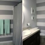 Fliesen & Farben : Badezimmer Farbkonzept Badezimmer Graue Querstreifen Wandfarbe Tuerkise Handtuecher Duschvorhang Waschtisch Fliesen überkleben Im Bad