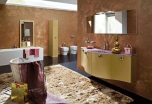 Ratgeber: Badezimmer Farbkonzept Badezimmer Kupferfarbene Wischtechnik Wand Goldene Waschtischmoebel Hochflorteppich Badsanierung In Der Nähe: So Finden Sie Den Passenden Fachbetrieb