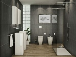 Badezimmer Style: Badezimmer Grundriss Badezimmer Dunkelgraue Grossformatfliesen Holzoptik Boden Standwaschbecken Bidet Glasdusche Badezimmer Dekorieren
