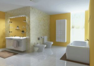 Badezimmer Style : Badezimmer Grundriss Badezimmer Gelbe Wandfarbe Mosaikwand Doppelwaschtisch Eckbadewanne Bidet Badezimmer Grundriss