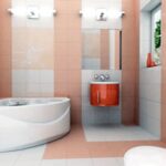 Badezimmer Style : Badezimmer Grundriss Badezimmer Lachsfarbene Fliesen Eckbadewanne Orangefarbener Waschtisch Weisse Bodenfliesen Badezimmer Grundriss