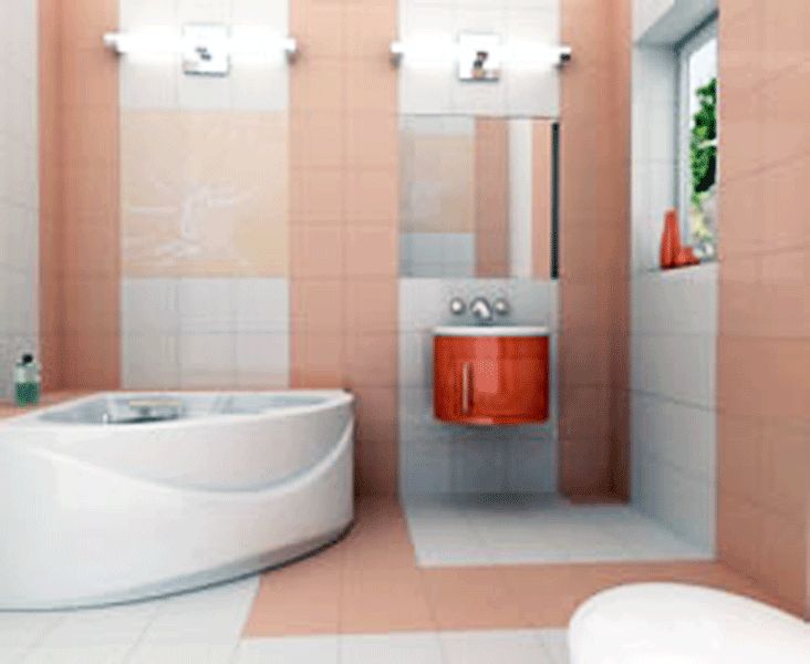 badezimmer lachsfarbene fliesen eckbadewanne orangefarbener waschtisch weisse bodenfliesen
