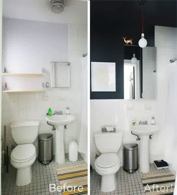 vorher nachher gaestebad schwarze wandfarbe standwaschbecken haengeleuchte