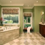 Badezimmer Style : Badezimmer Im Landhausstil Badezimmer Olivgruene Wandfarbe Eckbadewanne Schachbrett Bodenfliesen Holzunterschrank Wellness-Bad Zu Hause Gestalten