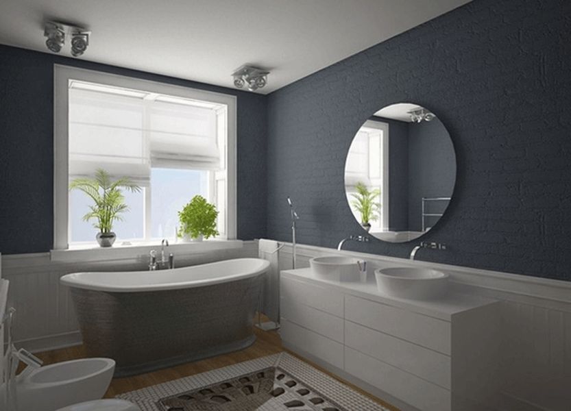 badezimmer anthrazit wandfarbe freistehende badewanne doppelwaschtisch spiegel rund