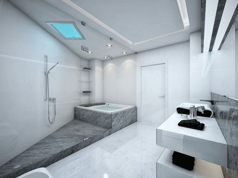 badezimmer weiss graue steinoptik badewanne podest deckenbeleuchtung glasdusche