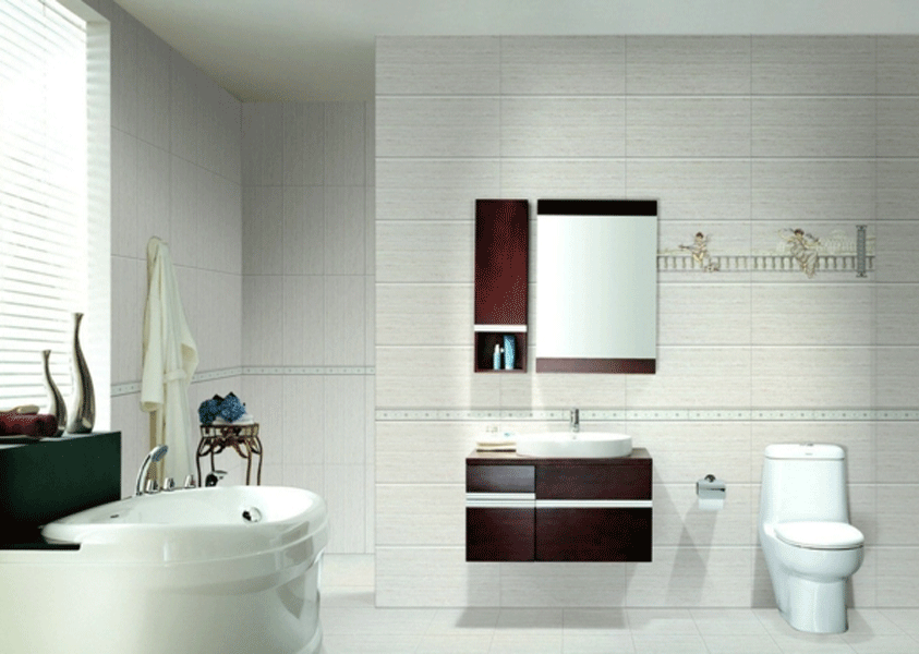 badezimmer helle wandfliesen bordueren eckbadewanne dunkler waschtisch stand wc