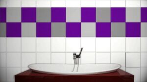 Badezimmer Style: Badezimmer Streichen Statt Fliesen Badezimmer Lila Graue Schachbrett Wandfliesen Aufsatzwaschbecken Roter Unterschrank Badezimmer Dekorieren