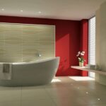 Badezimmer Style : Badezimmer Trends 2027 Badezimmer Rote Wandfarbe Freistehende Badewanne Beige Reliefwand Bodenspots Badezimmer Trends 2027