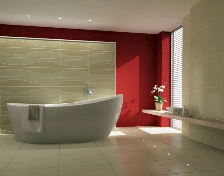 badezimmer rote wandfarbe freistehende badewanne beige reliefwand bodenspots