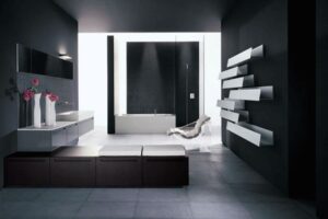 Küchen Design: Badezimmer Trends 2027 Badezimmer Schwarze Wandfarbe Freistehende Badewanne Wandregale Dunkle Bodenfliesen Küche Im Landhausstil Einrichten