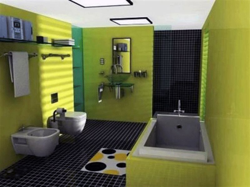 badezimmer gelbgruene wandfarbe schwarze mosaikfliesen haengendes wc bidet einbaubadewanne