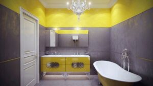Moderne Bäder: Bodenebene Dusche Nachrusten Badezimmer Gelbe Wandfarbe Graue Wandpaneele Freistehende Badewanne Kronleuchter 10 Moderne Bäder Ideen