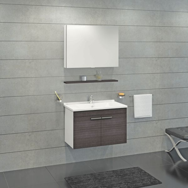 badezimmer graue wandpaneele haengender waschtisch spiegelschrank dunkle bodenfliesen
