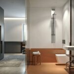 Moderne Küchen : Bodenebene Dusche Nachrusten Badezimmer Holzbadewanne Glaswand Dunkler Schrankblock Duschpaneel Hocker Küche Mit Theke Planen Moderne Küchen : Bodenebene Dusche Nachrusten Badezimmer Holzbadewanne Glaswand Dunkler Schrankblock Duschpaneel Hocker Küche Mit Theke Planen