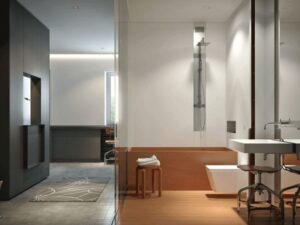 Badezimmer Style: Bodenebene Dusche Nachrusten Badezimmer Holzbadewanne Glaswand Dunkler Schrankblock Duschpaneel Hocker Bodenebene Dusche Nachrüsten