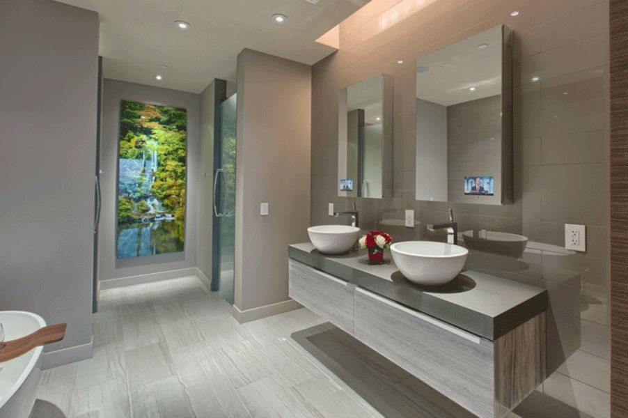 modernes badezimmer doppelwaschtisch aufsatzbecken wasserfall wandbild graue bodenfliesen