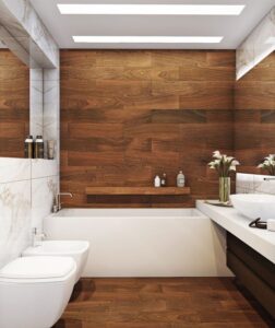 Moderne Küchen: Fliesen In Holzoptik Im Bad Badezimmer Holzoptik Fliesen Boden Wand Marmor Akzente Einbaubadewanne Aufsatzwaschbecken Küche Ohne Oberschränke