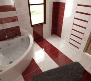 Badezimmer Style : Fliesen In Holzoptik Im Bad Badezimmer Rot Weisse Fliesen Eckwhirlpool Diagonales Bodenmuster Fenster Kleines Badezimmer Mit Dusche Modern Gestalten