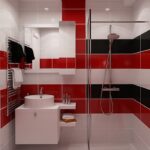 Fliesen & Farben : Fliesen In Holzoptik Im Bad Kleines Badezimmer Rot Weisse Querstreifenfliesen Schwarze Akzente Glasdusche Fliesen überkleben Im Bad