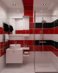 Fliesen & Farben: Fliesen In Holzoptik Im Bad Kleines Badezimmer Rot Weisse Querstreifenfliesen Schwarze Akzente Glasdusche Badezimmer Streichen Statt Fliesen