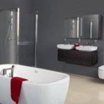 Badezimmer Style : Fliesen Uberkleben Im Bad Badezimmer Anthrazit Wandfarbe Freistehende Badewanne Haengender Doppelwaschtisch Roter Handtuch Kleines Gäste-WC Modern Gestalten Badezimmer Style : Fliesen Uberkleben Im Bad Badezimmer Anthrazit Wandfarbe Freistehende Badewanne Haengender Doppelwaschtisch Roter Handtuch Kleines Gäste-WC Modern Gestalten