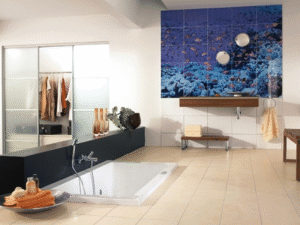 Moderne Küchen: Fliesen Uberkleben Im Bad Badezimmer Unterwasser Fotofliesen Wandbild Einbaubadewanne Beigefarbene Bodenfliesen Küche Mit Theke Planen
