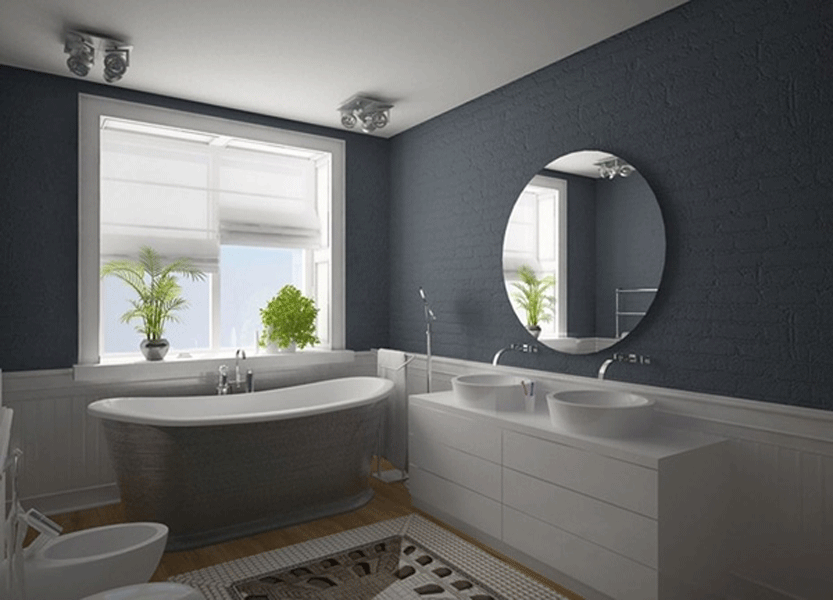 badezimmer anthrazit wandfarbe freistehende badewanne doppelwaschtisch spiegel rund
