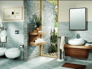 Moderne Küchen: Handtuchheizkorper Oder Fussbodenheizung Naturbadezimmer Schieferwand Holzmoebel Grauer Fliesenboden Küche Ohne Oberschränke