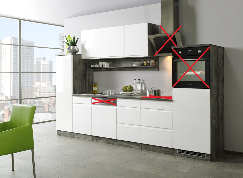weisse hochglanzkueche mit dunkler holzoptik und grossstadtblick
