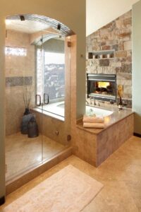 Küchen Design : Kleines Bad Renovieren Badezimmer Mit Glasdusche Steinkamin Und Eingelassener Badewanne Kuchenbeleuchtung Planen Küchen Design: Kleines Bad Renovieren Badezimmer Mit Glasdusche Steinkamin Und Eingelassener Badewanne Kuchenbeleuchtung Planen