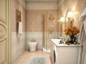 Badezimmer Style : Kleines Bad Renovieren Badezimmer Mit Goldarmaturen Und Waschmaschine Unter Der Arbeitsplatte Kleines Bad Renovieren