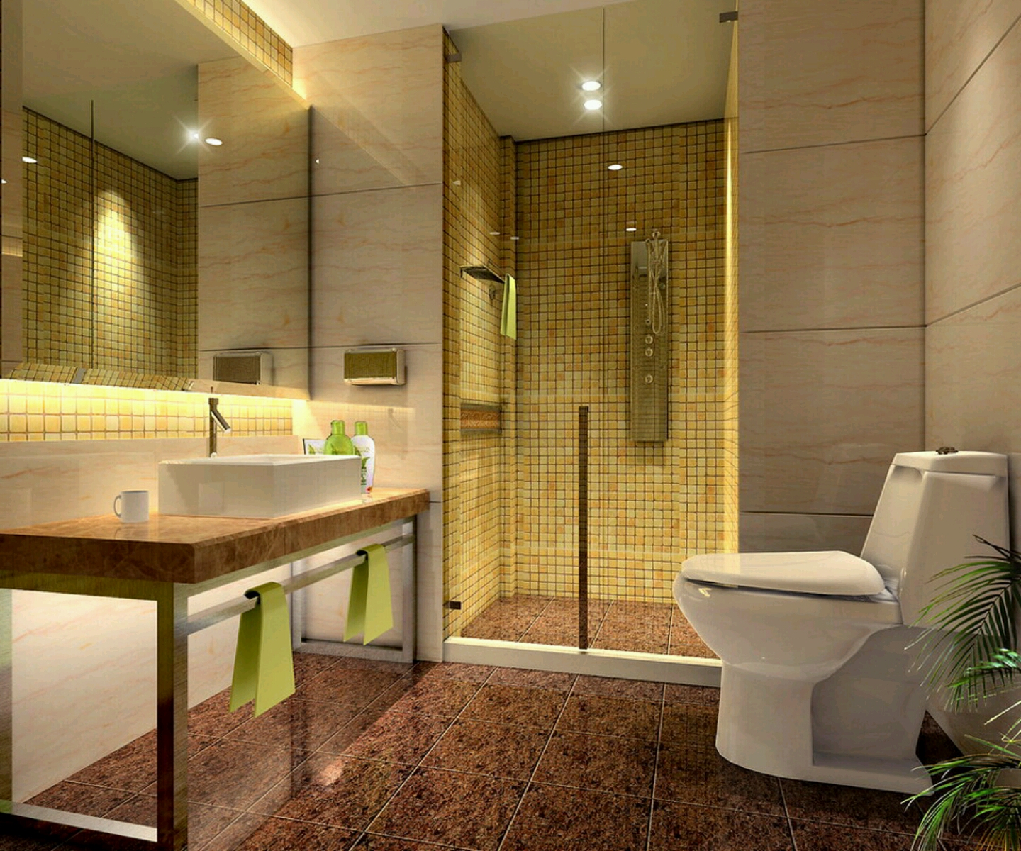 modernes badezimmer mit gelben mosaikfliesen und glasdusche