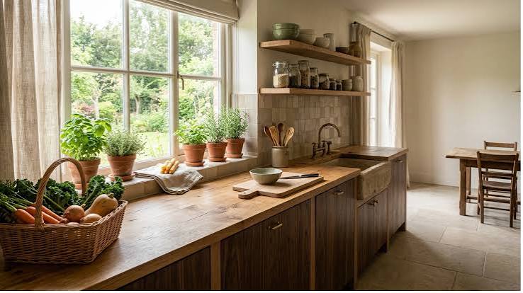 Moderne Küchen : Kuche Ohne Oberschranke Landhauskueche Mit Fensterbank Kraeutern Und Steinspuele Küche Ohne Oberschränke