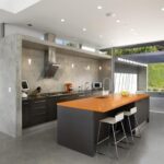 Ratgeber : Kuchen Ideen Moderne Betonkueche Mit Orangener Insel Und Gartenblick Badsanierung Berlin Ideen: Altbau, Kosten Und Handwerkersuche