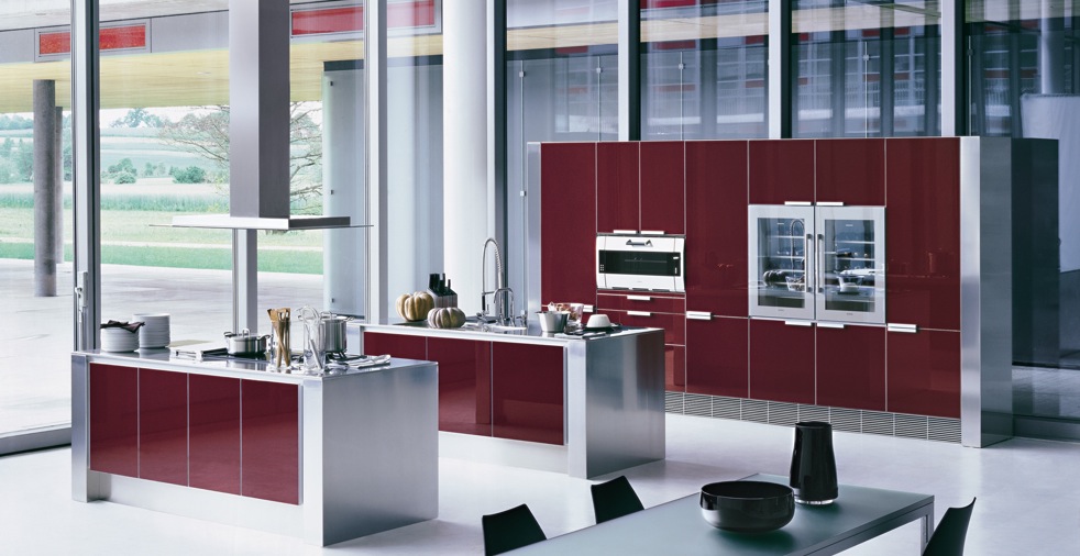 rote glasfront kuche zwei kochinseln edelstahl panoramafenster