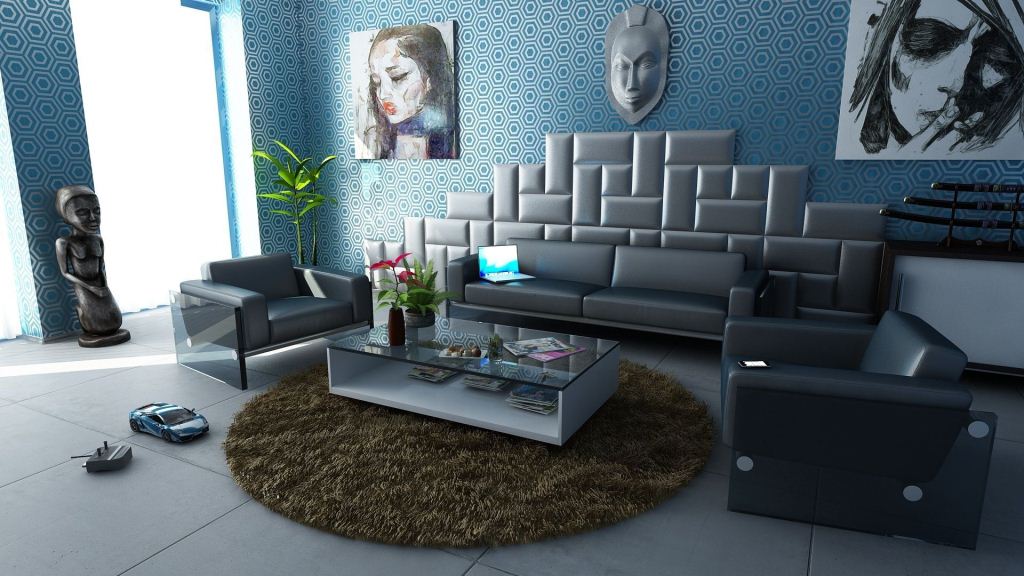 blaues wohnzimmer sechseck tapete ledersofa runder zotteleppich