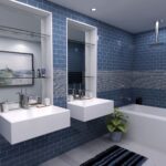 Badezimmer Style : Platzsparende Badewanne Blaue Metrofliesen Doppelwaschtisch Wandspiegel Badewanne Platzsparende Badewanne Für Kleine Bäder
