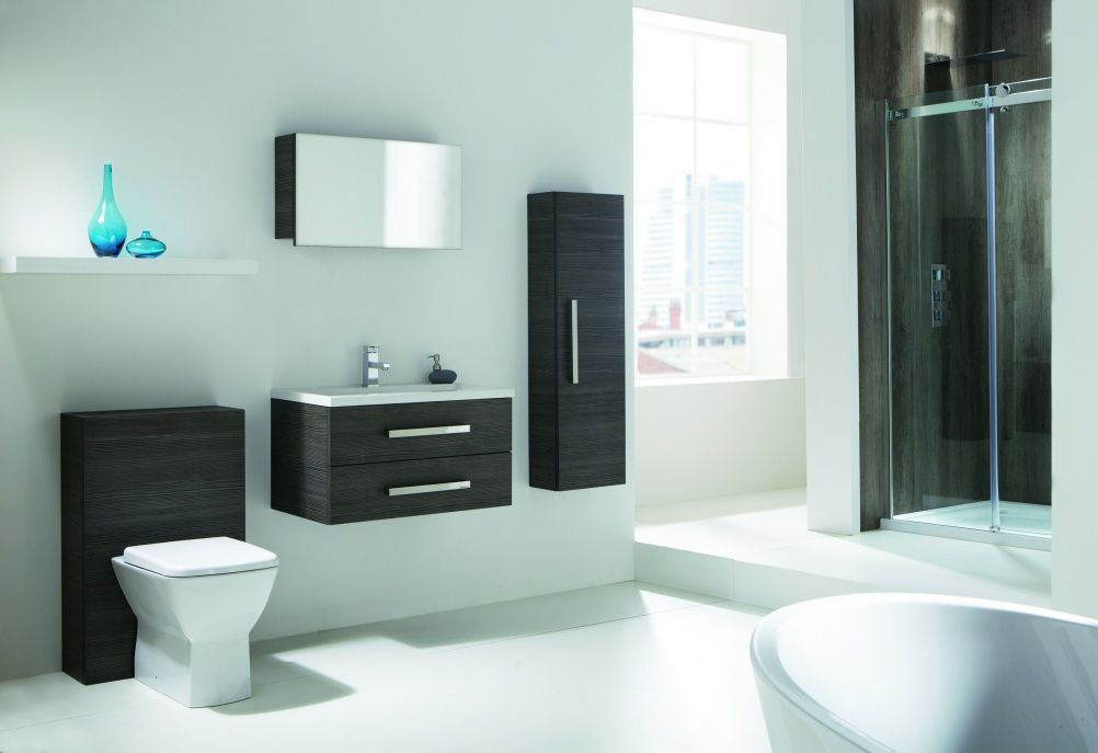 moderne badezimmermobel graues holz schiebetur dusche