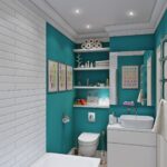 Badezimmer Style : Stauraum Im Kleinen Bad Petrolfarbenes Badezimmer Weisse Metrofliesen Schwebende Regale Kleines Gäste-WC Modern Gestalten Badezimmer Style : Stauraum Im Kleinen Bad Petrolfarbenes Badezimmer Weisse Metrofliesen Schwebende Regale Kleines Gäste-WC Modern Gestalten