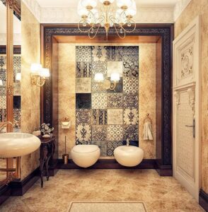 Fliesen & Farben: Stauraum Im Kleinen Bad Verziertes Klassisches Badezimmer Musterfliesen Wand Wc Badezimmer Farbkonzept